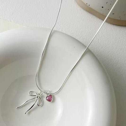 925 Silver bow pink heart necklace