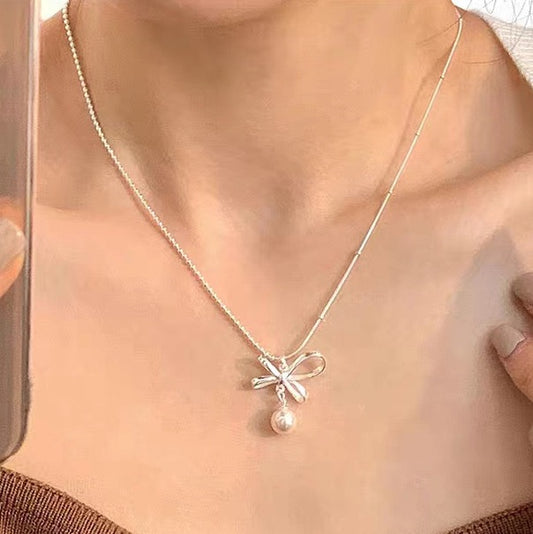 925 Silver faux pearl bow tie necklace