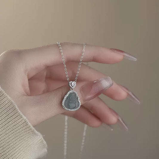 925 silver blue water jade Maitreya Buddha necklace