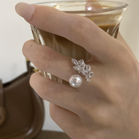 925 silver faux pearl zircon ring