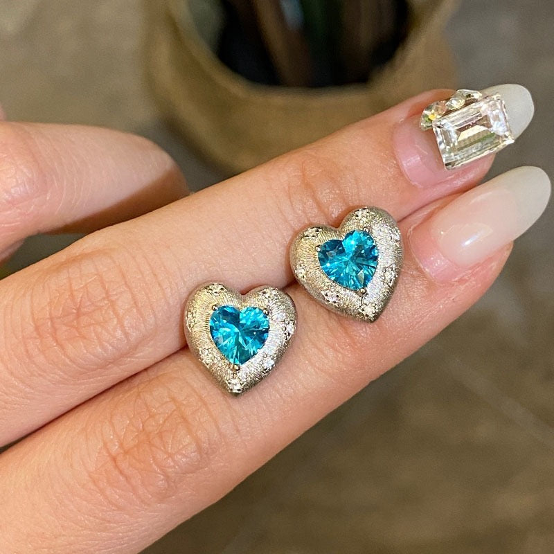 Vintage Brushed Silver Turquoise Blue Heart Gem Jewelry Set