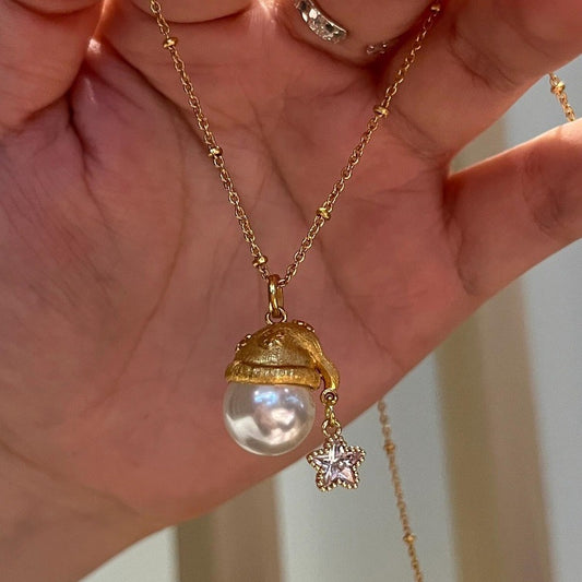Santa Hat Pearl & Star Crystal Necklace
