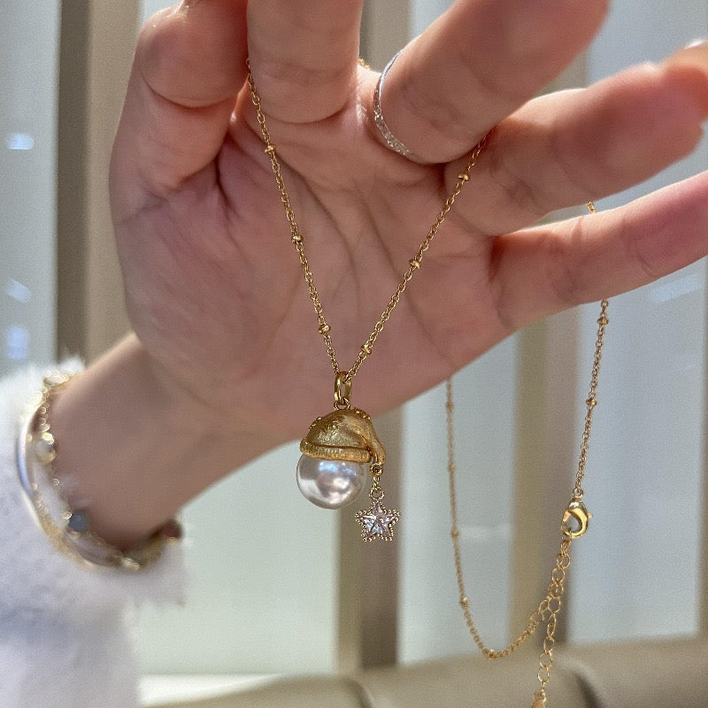 Santa Hat Pearl & Star Crystal Necklace