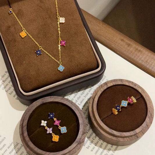 Multicolor Rainbow Clover 3-Piece Gold Jewelry Set