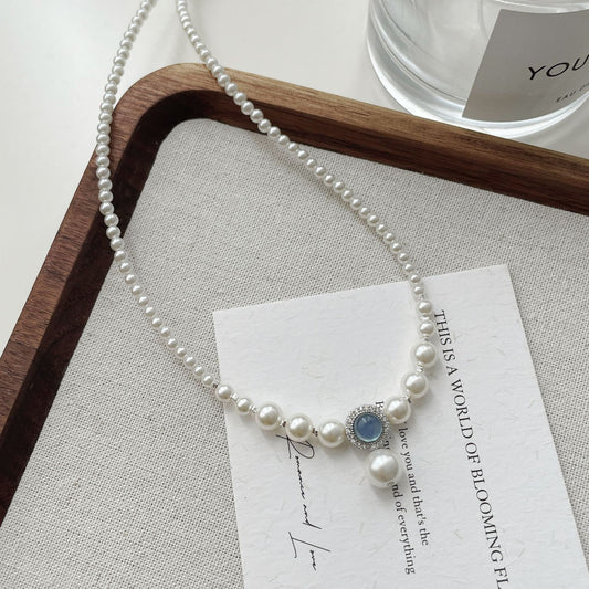 925 silver faux pearl natural aquamarine necklace