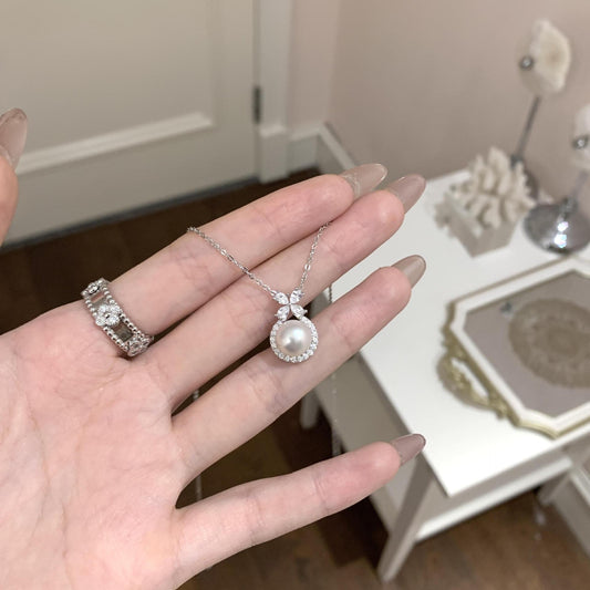 925 Silver faux pearl four- leaf clover necklace