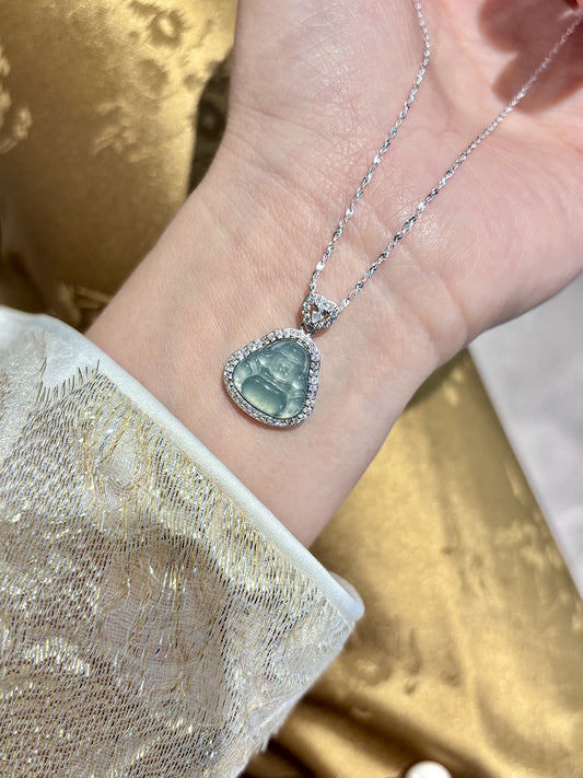 925 silver blue water jade Maitreya Buddha necklace