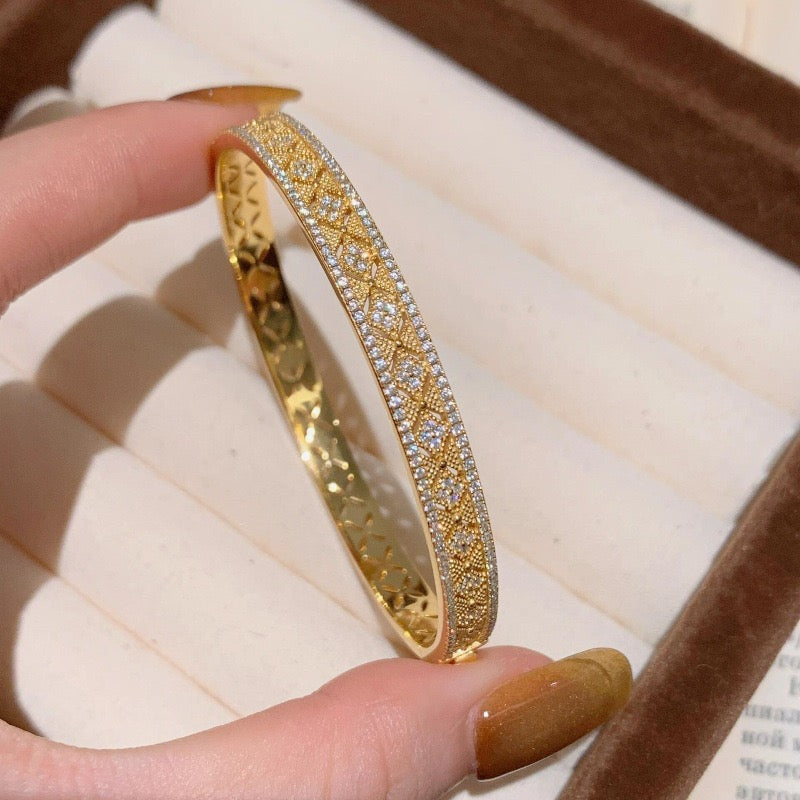 Vintage Filigree Pave Diamond Gold Bangle Bracelet | Luxury Retro Hollow Cuff