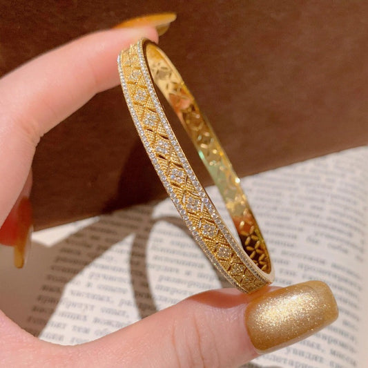 Vintage Filigree Pave Diamond Gold Bangle Bracelet | Luxury Retro Hollow Cuff