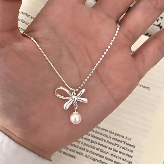 925 Silver faux pearl bow tie necklace