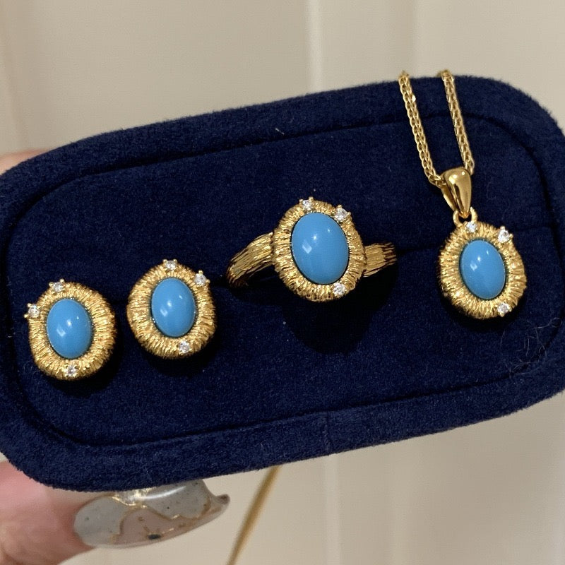 Vintage Textured Gold Turquoise Jewelry Set