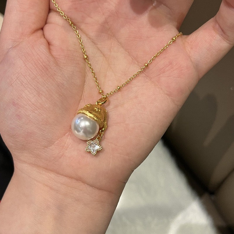 Santa Hat Pearl & Star Crystal Necklace