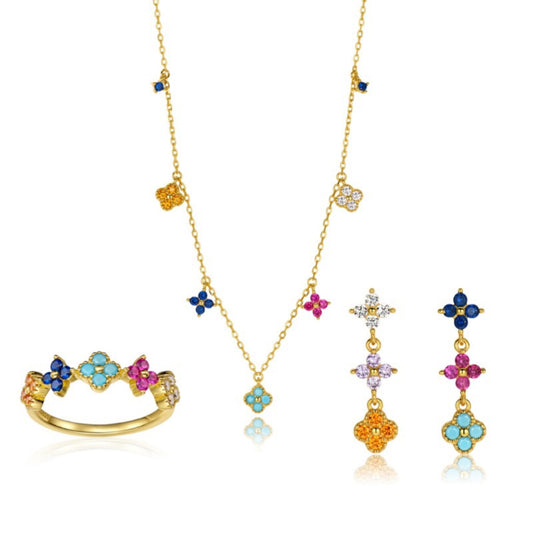 Multicolor Rainbow Clover 3-Piece Gold Jewelry Set