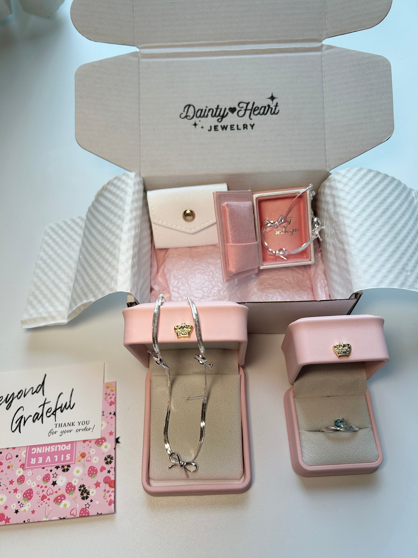 Coquette bow necklace, bracelet, ribbon ring set