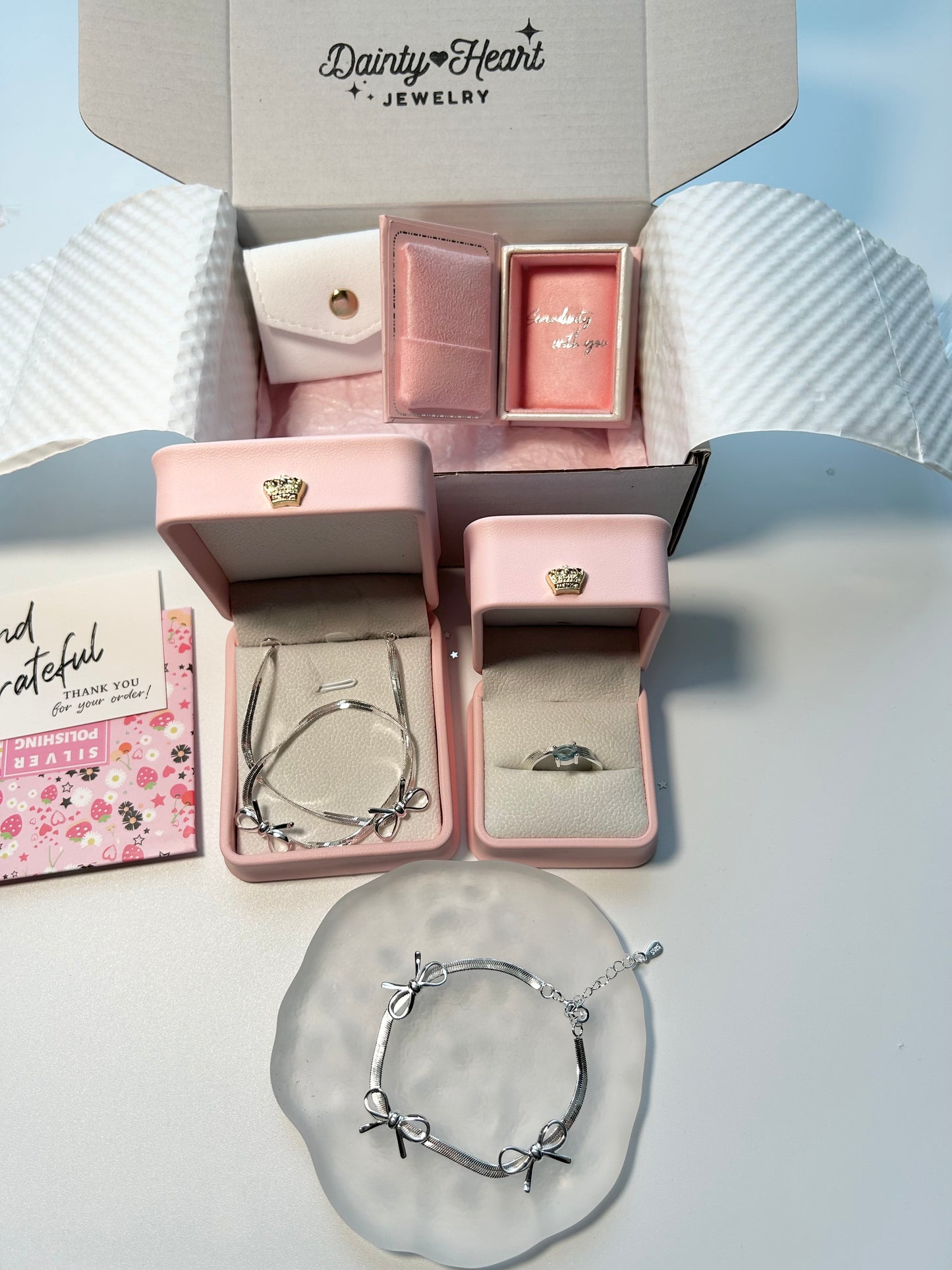 Coquette bow necklace, bracelet, ribbon ring set