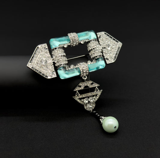 Art Deco Crystal & Turquoise Statement Brooch