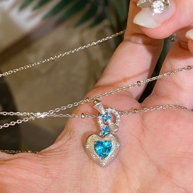 Vintage Brushed Silver Turquoise Blue Heart Gem Jewelry Set