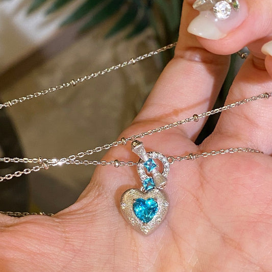 Vintage Brushed Silver Turquoise Blue Heart Gem Jewelry Set