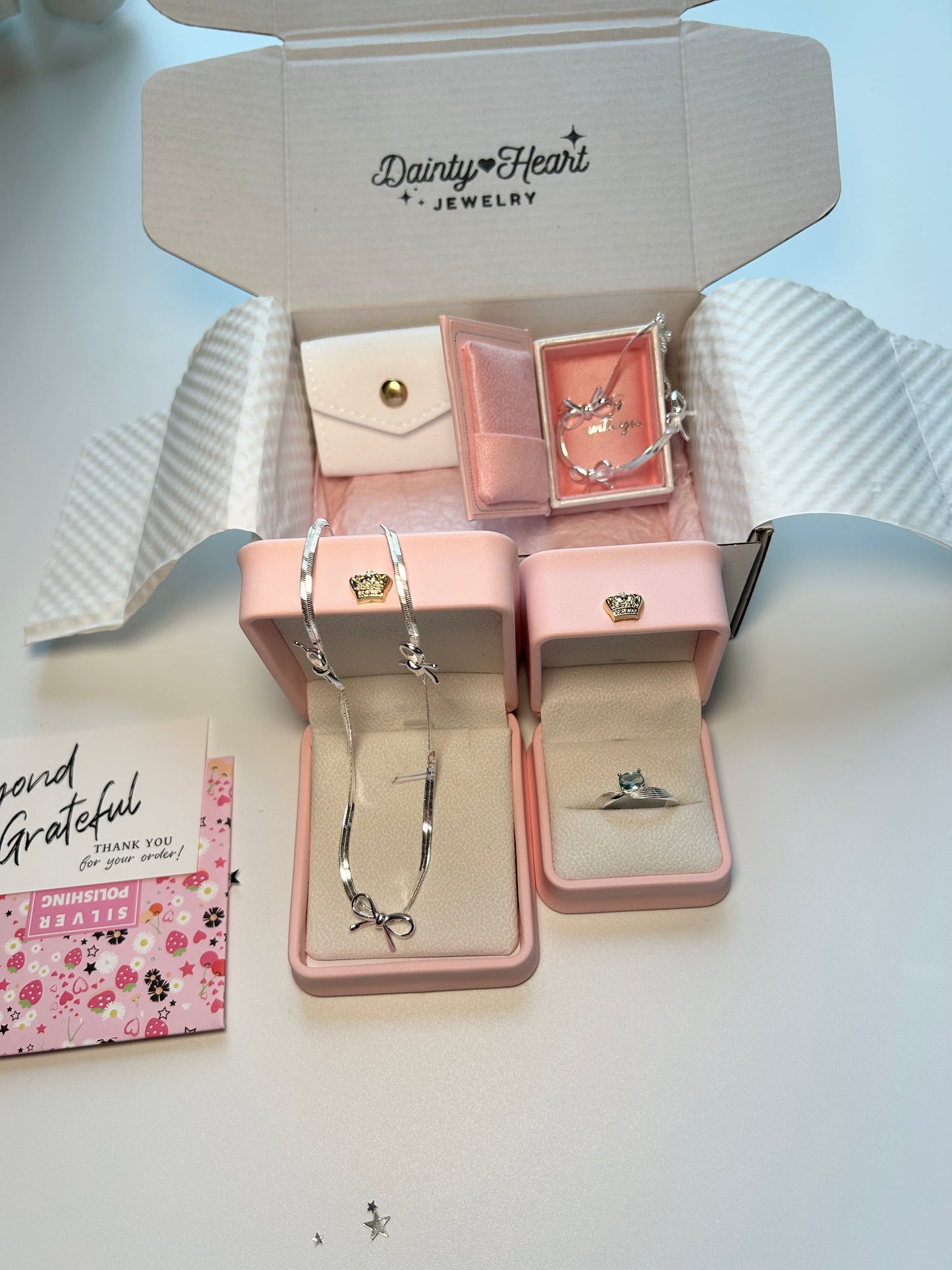 Coquette bow necklace, bracelet, ribbon ring set