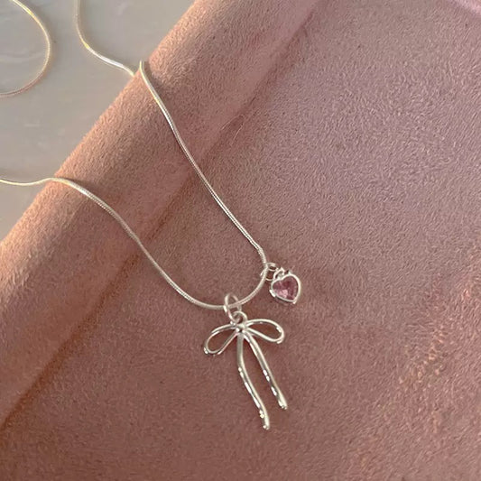 925 Silver bow pink heart necklace
