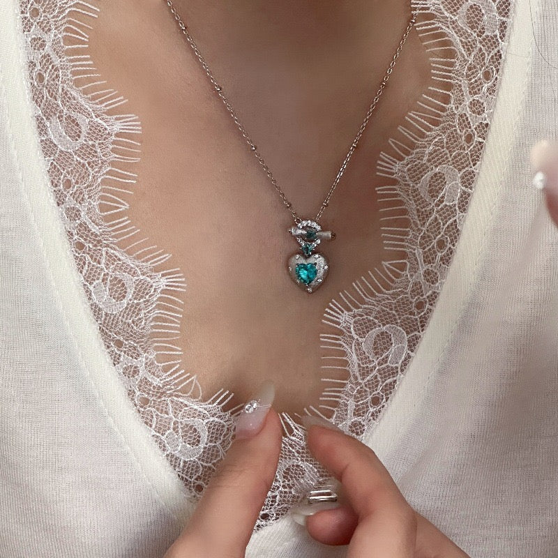 Vintage Brushed Silver Turquoise Blue Heart Gem Jewelry Set