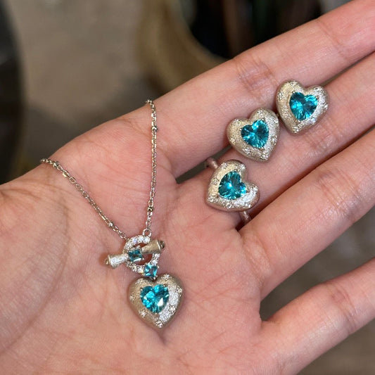 Vintage Brushed Silver Turquoise Blue Heart Gem Jewelry Set