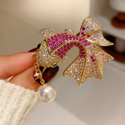 Crystal Pink Gold Fish Brooch