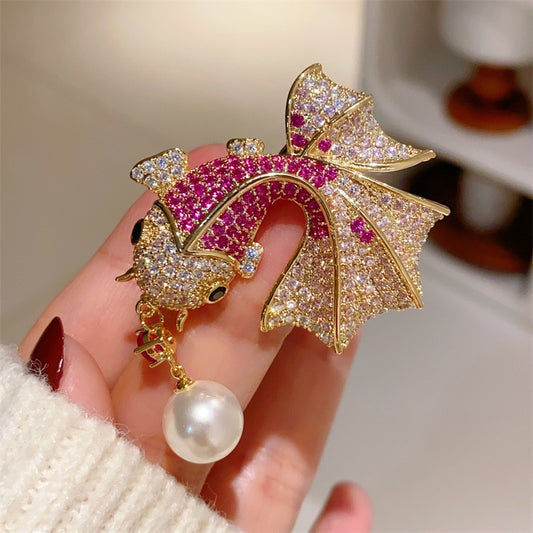 Crystal Pink Gold Fish Brooch
