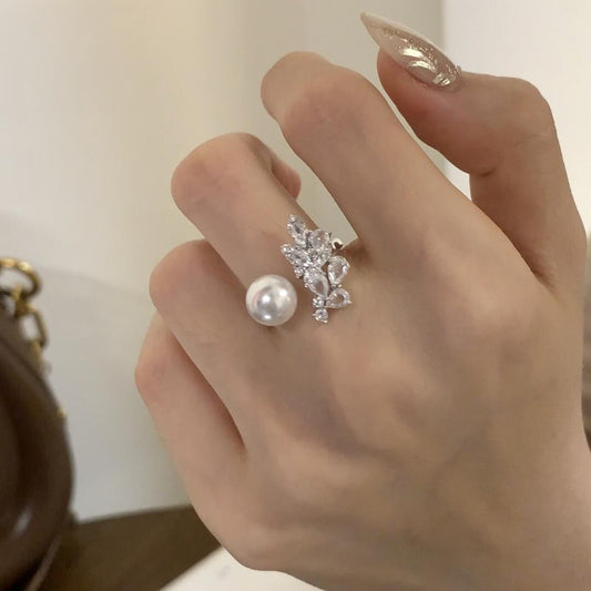 925 silver faux pearl zircon ring