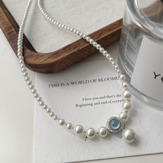 925 silver faux pearl natural aquamarine necklace