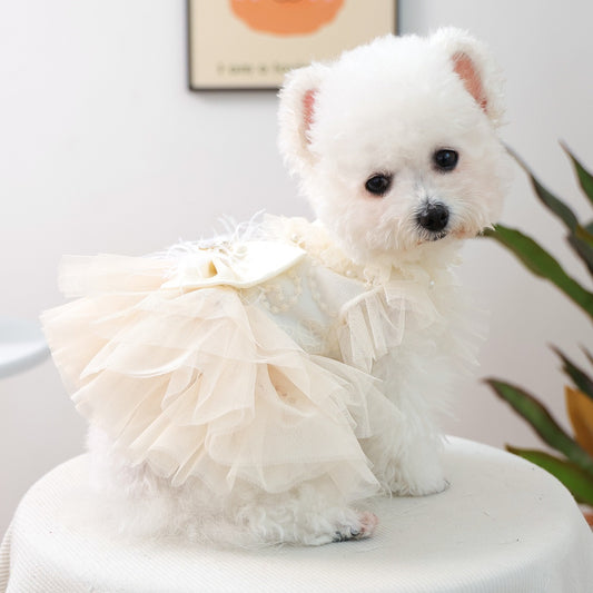 Ivory Lace Dog Tutu Dress with Satin Bow & Rhinestone